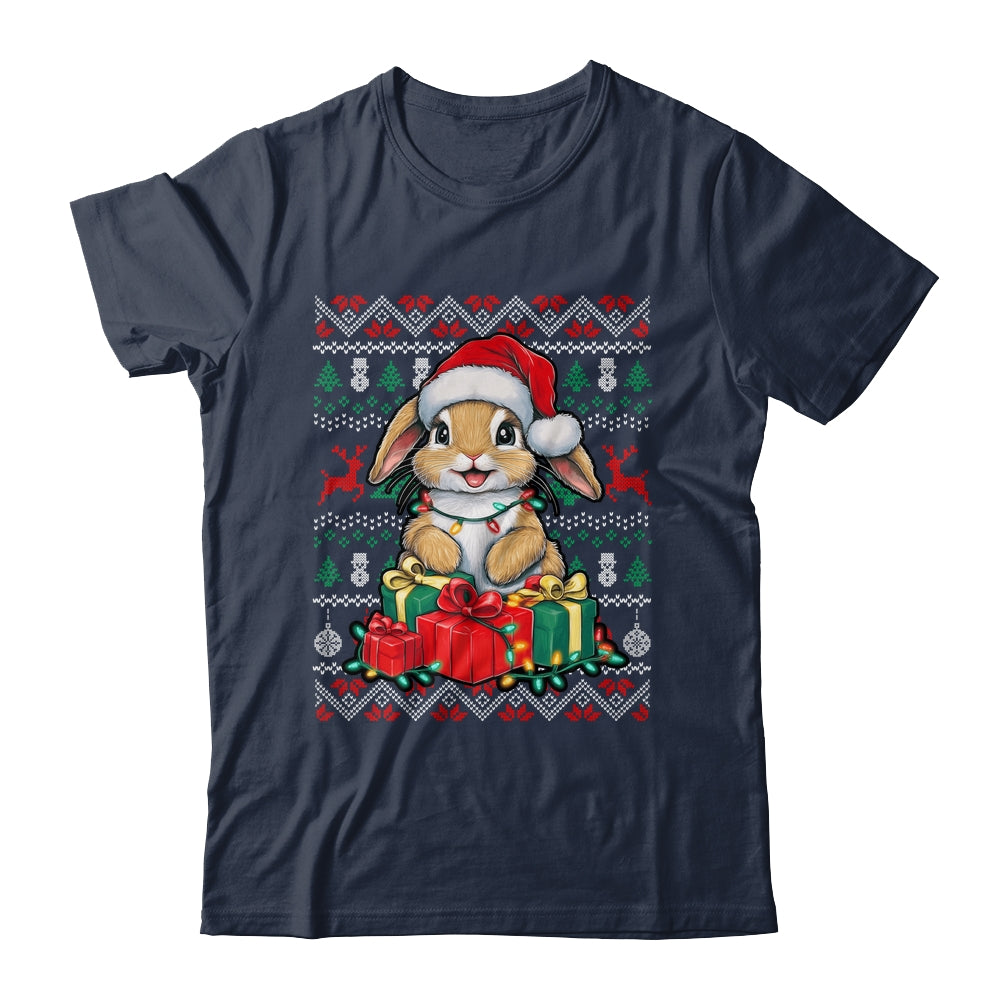 Rabbit Bunny Xmas Lights Santa Hat Bunny Ugly Christmas Shirt & Sweatshirt | teecentury