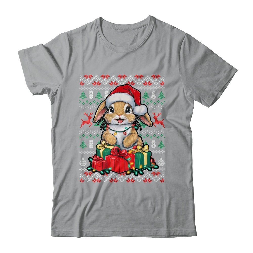 Rabbit Bunny Xmas Lights Santa Hat Bunny Ugly Christmas Shirt & Sweatshirt | teecentury