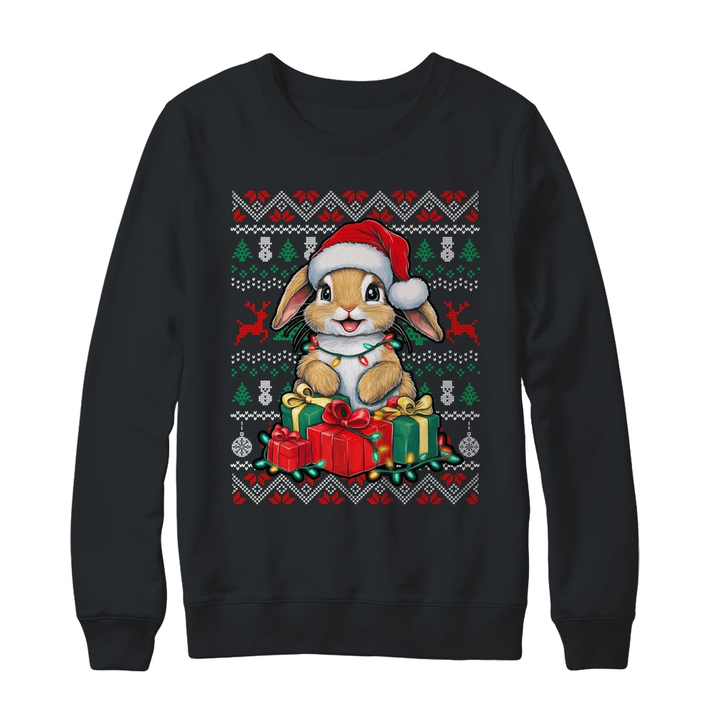 Rabbit Bunny Xmas Lights Santa Hat Bunny Ugly Christmas Shirt & Sweatshirt | teecentury