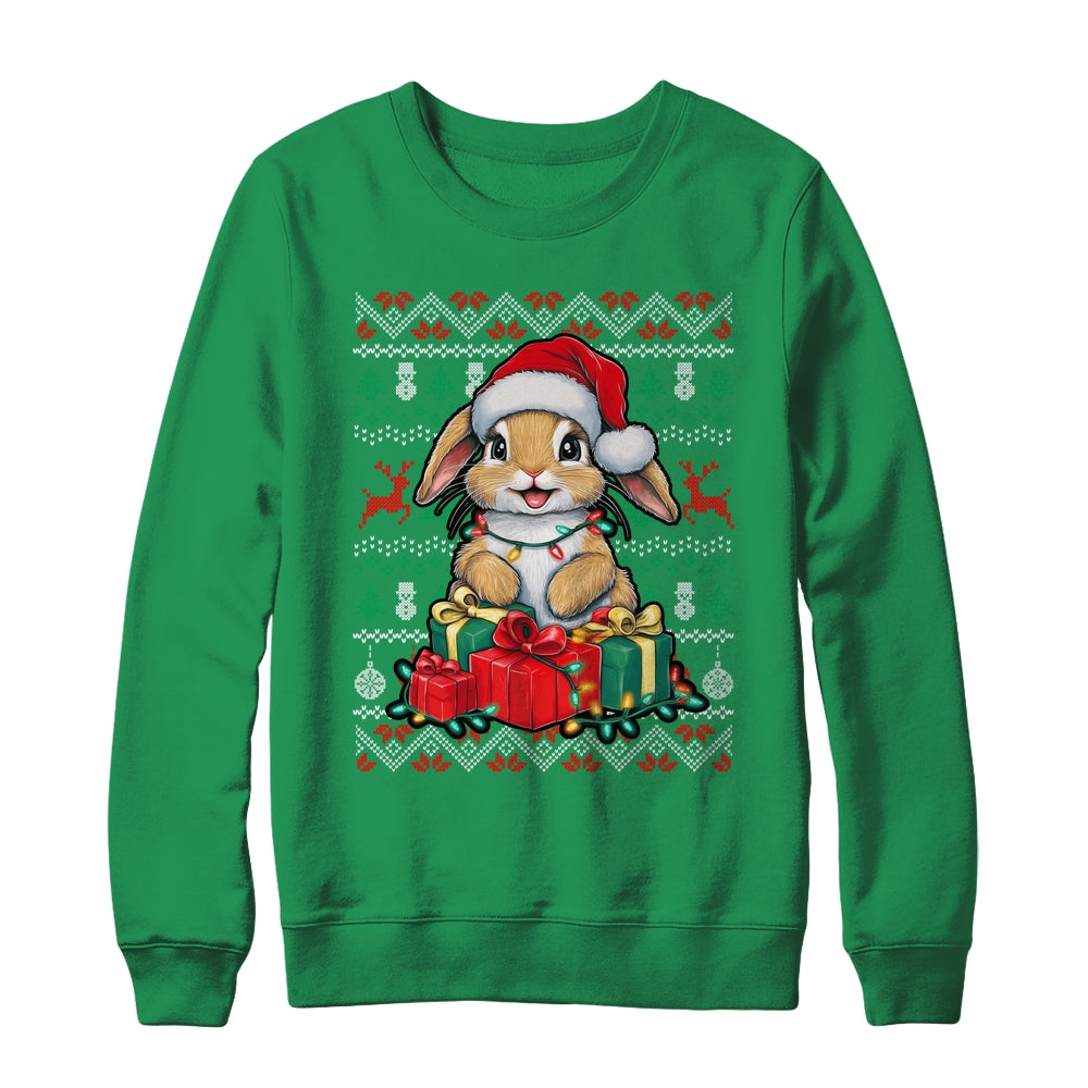 Rabbit Bunny Xmas Lights Santa Hat Bunny Ugly Christmas Shirt & Sweatshirt | teecentury