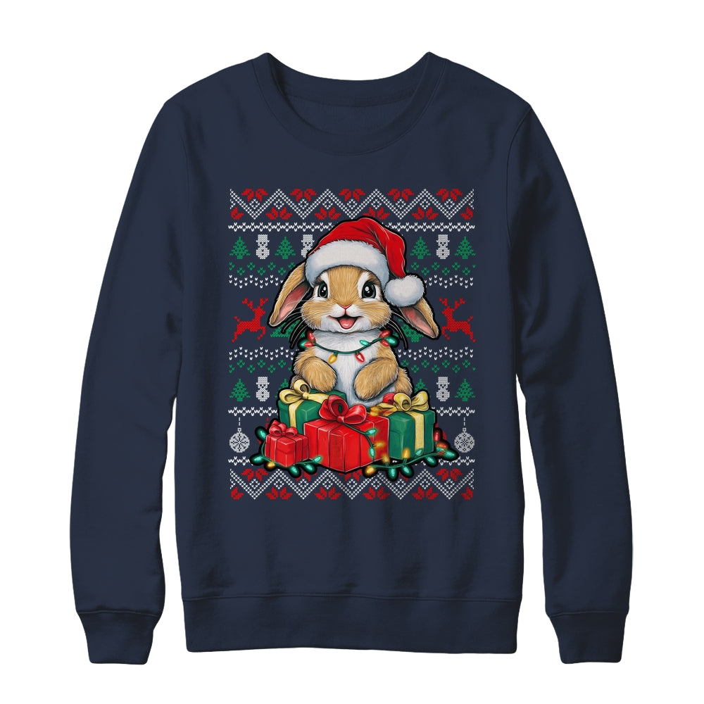 Rabbit Bunny Xmas Lights Santa Hat Bunny Ugly Christmas Shirt & Sweatshirt | teecentury