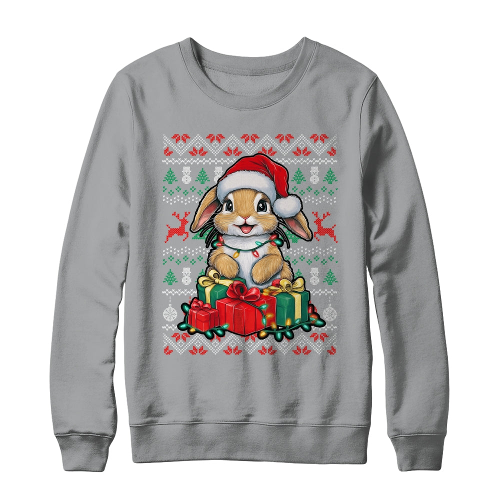 Rabbit Bunny Xmas Lights Santa Hat Bunny Ugly Christmas Shirt & Sweatshirt | teecentury