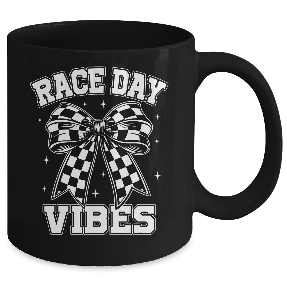 Race Day Vibes Checkered Coquette Bow Car Racing Mom Womens Mug | teecentury