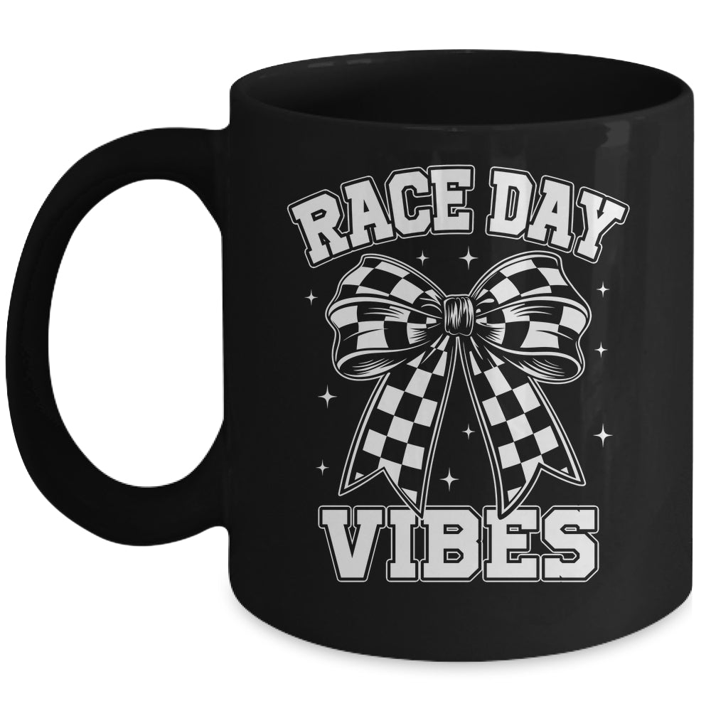 Race Day Vibes Checkered Coquette Bow Car Racing Mom Womens Mug | teecentury