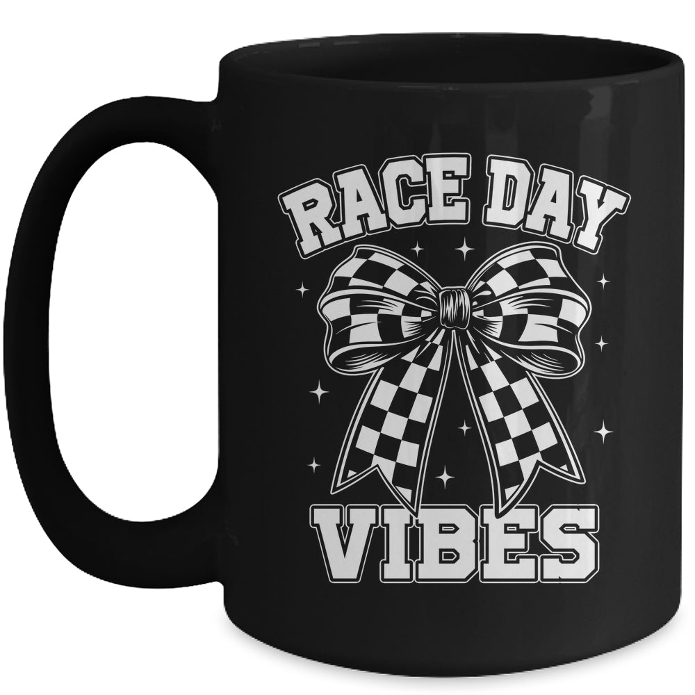 Race Day Vibes Checkered Coquette Bow Car Racing Mom Womens Mug | teecentury