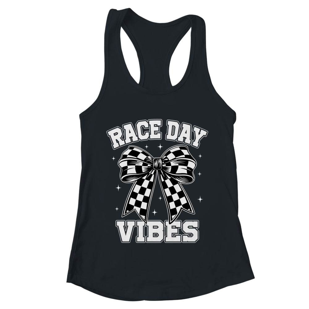 Race Day Vibes Checkered Coquette Bow Car Racing Mom Womens Shirt & Tank Top | teecentury