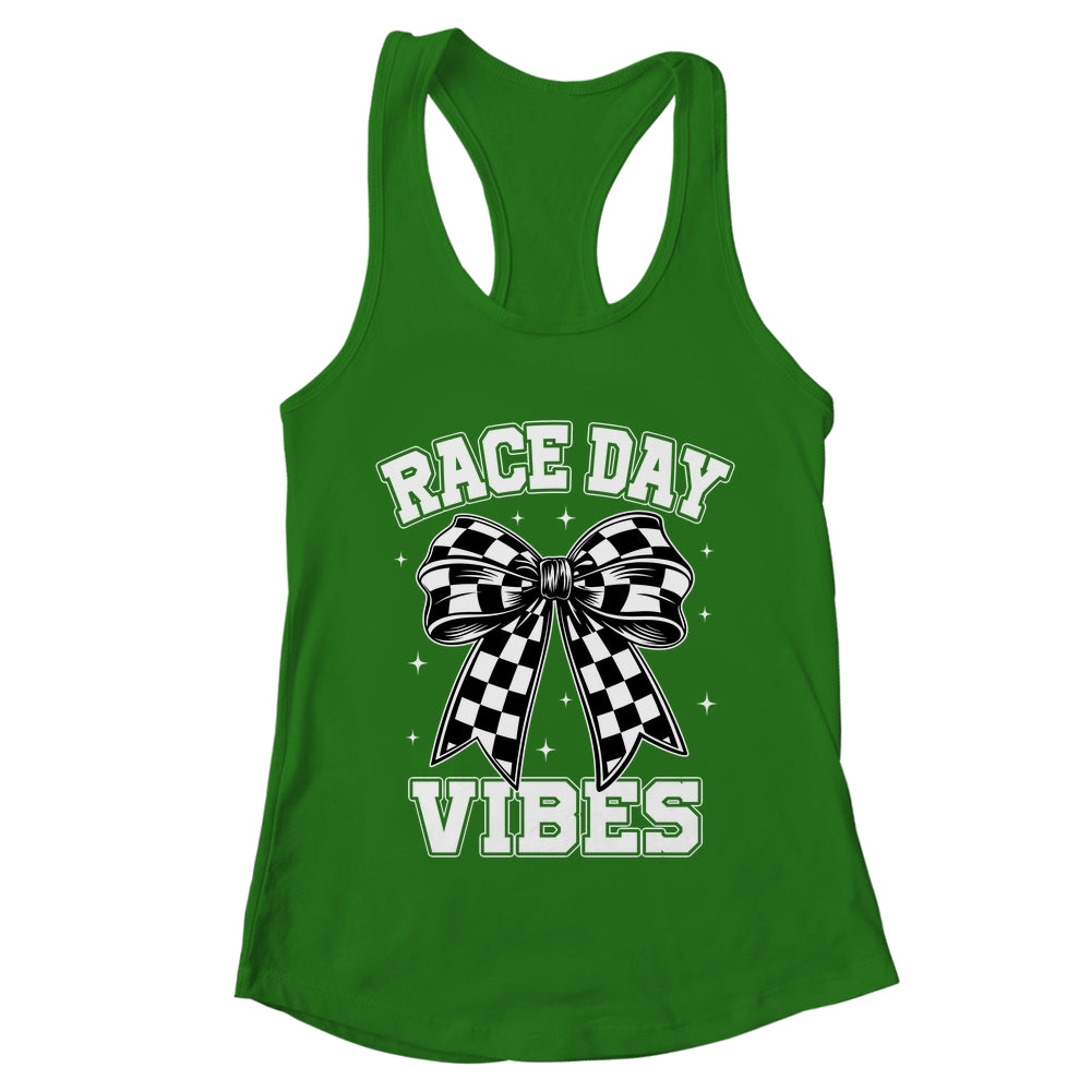 Race Day Vibes Checkered Coquette Bow Car Racing Mom Womens Shirt & Tank Top | teecentury