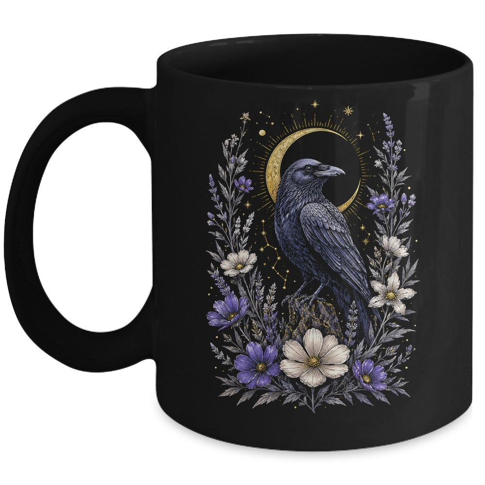 Raven Cottagecore Moon Flower Aesthetic Witch Crow Nature Mug | teecentury
