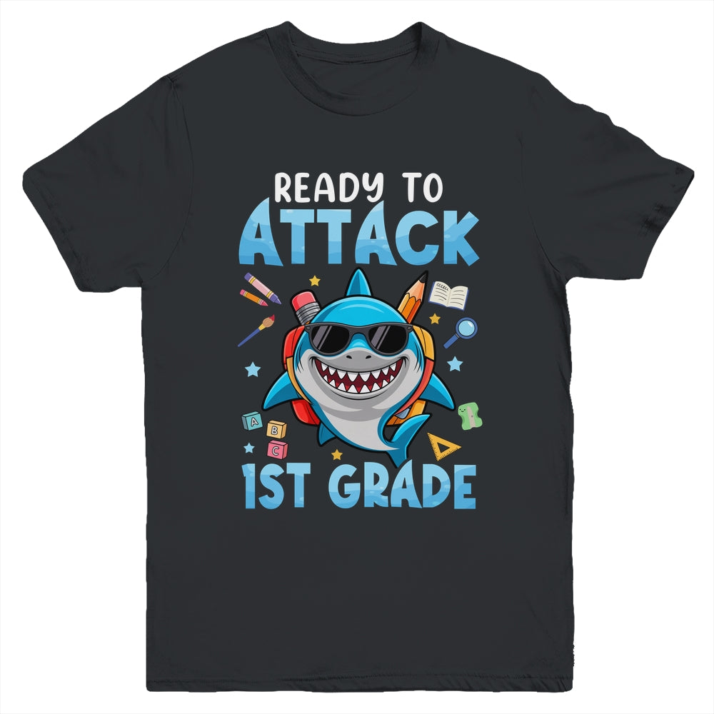 Ready To Attack 1st Grade Shark First Day Of School Boys Youth Shirt | teecentury