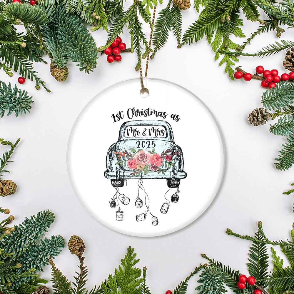 Red Flower in Car First Christmas as Mr & Mrs Ornament Couple 2025 First Wedding Decoration Christmas Tree Ornament | teecentury