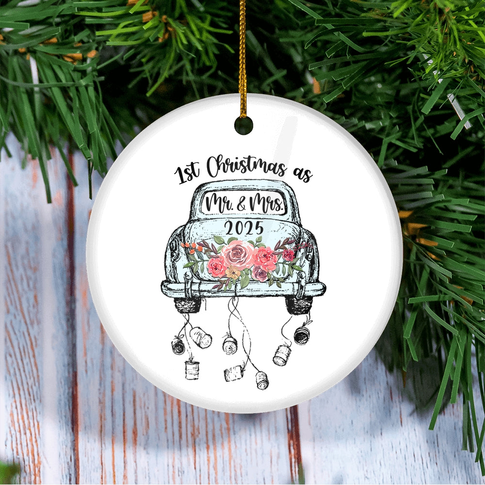 Red Flower in Car First Christmas as Mr & Mrs Ornament Couple 2025 First Wedding Decoration Christmas Tree Ornament | teecentury