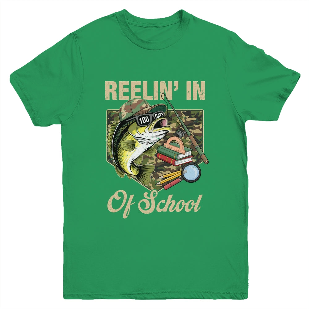 Reelin' In 100 Days Of School Bass Fishing Funny Teacher Boy Youth Shirt | teecentury