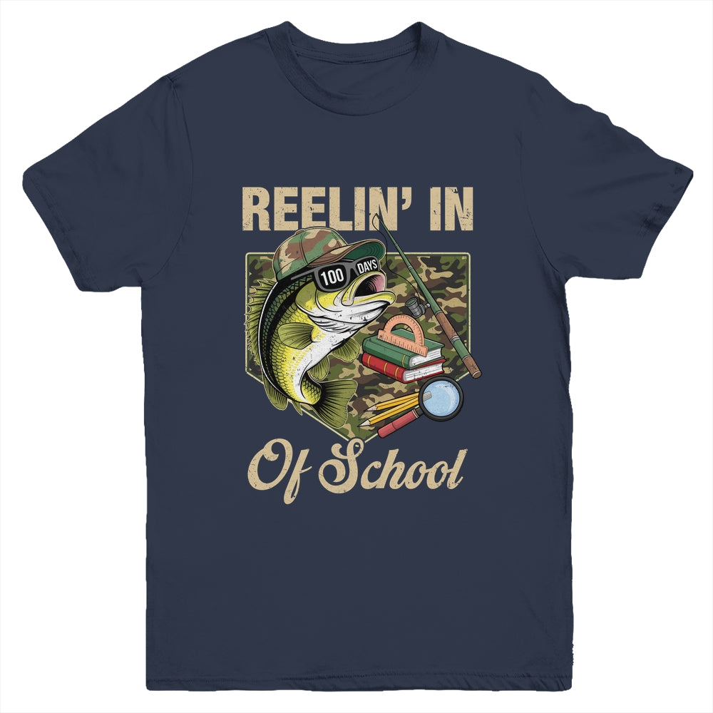 Reelin' In 100 Days Of School Bass Fishing Funny Teacher Boy Youth Shirt | teecentury