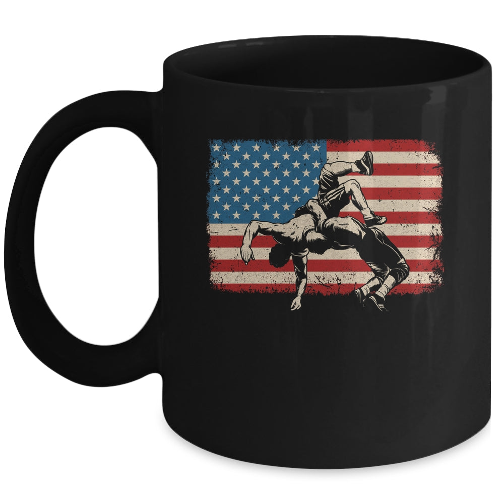 Retro American Wrestling US Flag Wrestling Wrestler Boy Mens Mug | teecentury