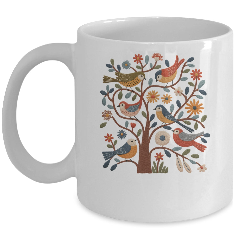 Retro Birds And Flowers Cottagecore Scandinavian Folk Women Mug | teecentury