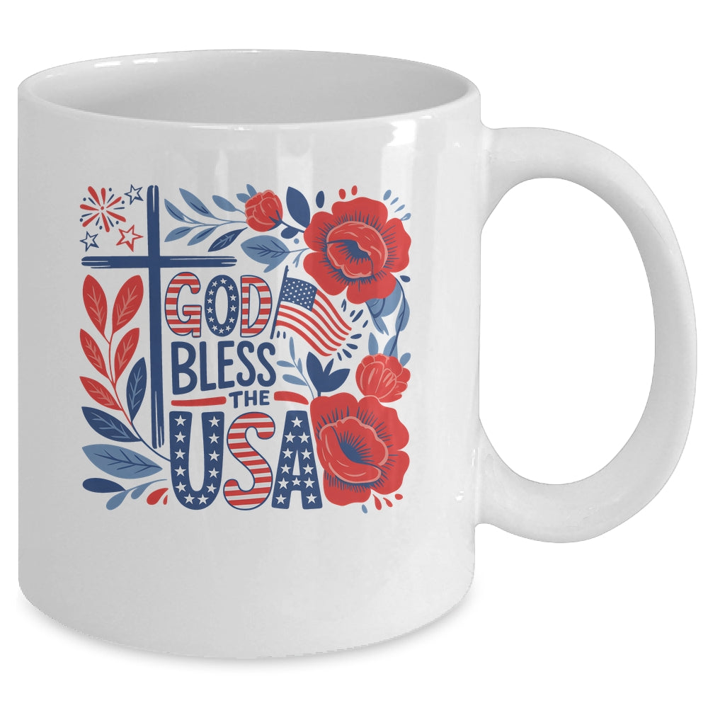 Retro Boho Floral God Bless The USA Christian 4th Of July Mug | teecentury