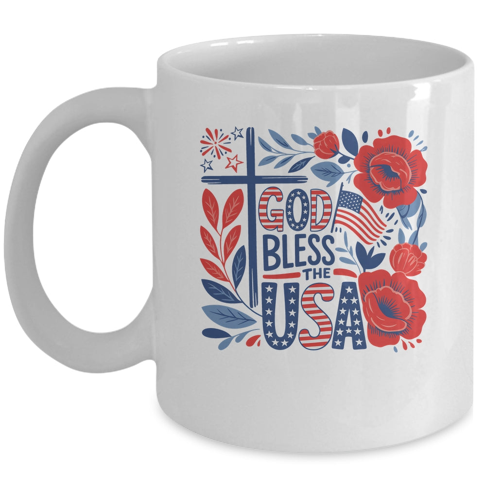 Retro Boho Floral God Bless The USA Christian 4th Of July Mug | teecentury