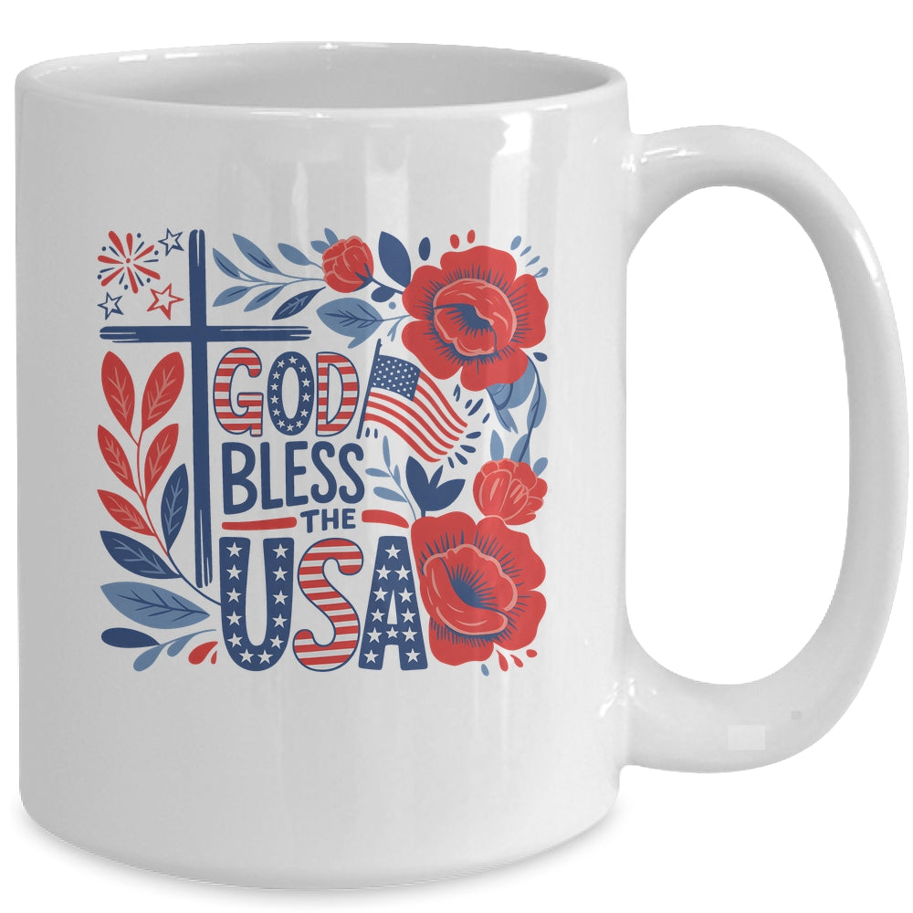 Retro Boho Floral God Bless The USA Christian 4th Of July Mug | teecentury