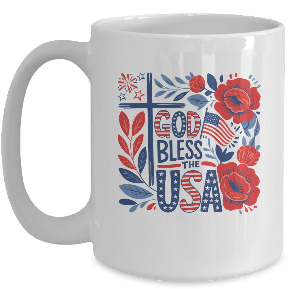 Retro Boho Floral God Bless The USA Christian 4th Of July Mug | teecentury