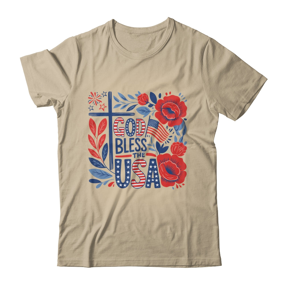 Retro Boho Floral God Bless The USA Christian 4th Of July Shirt & Tank Top | teecentury
