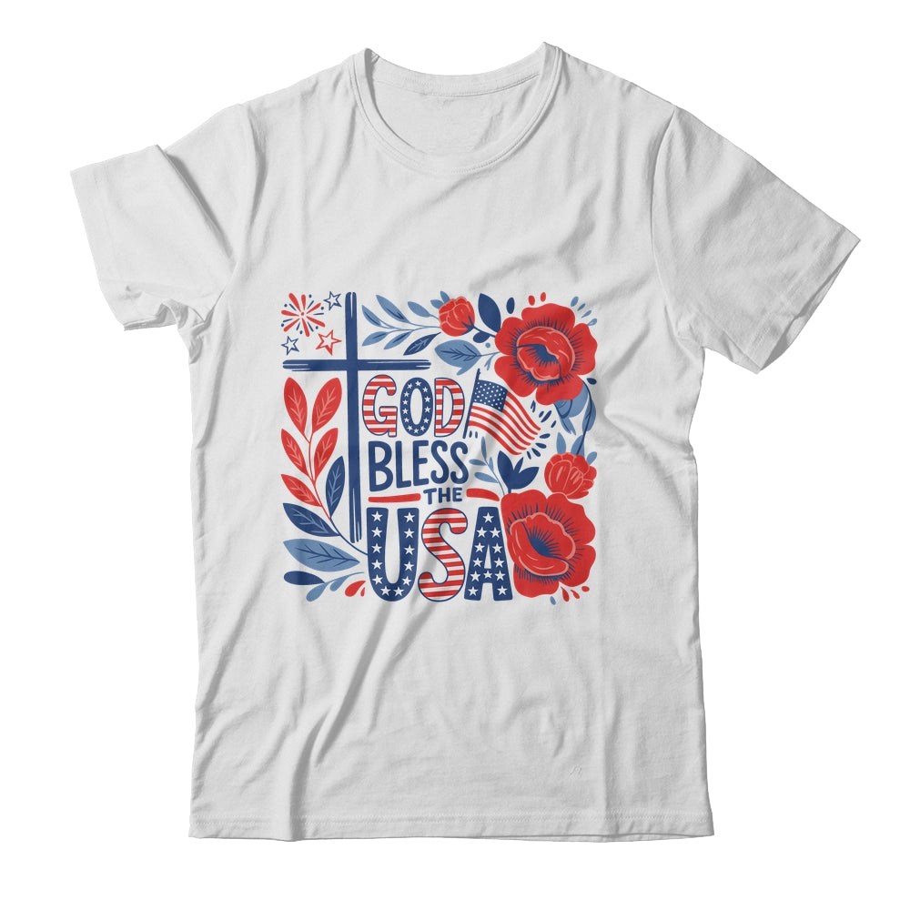 Retro Boho Floral God Bless The USA Christian 4th Of July Shirt & Tank Top | teecentury