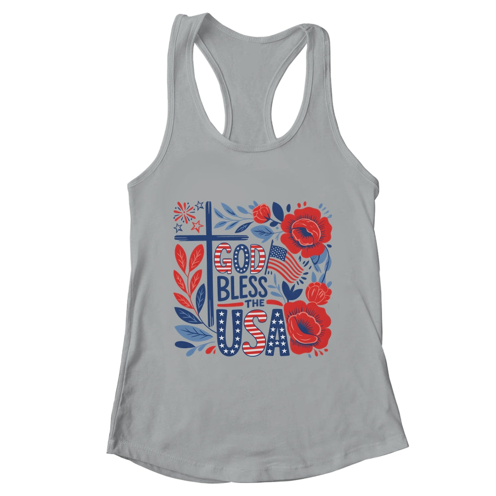 Retro Boho Floral God Bless The USA Christian 4th Of July Shirt & Tank Top | teecentury