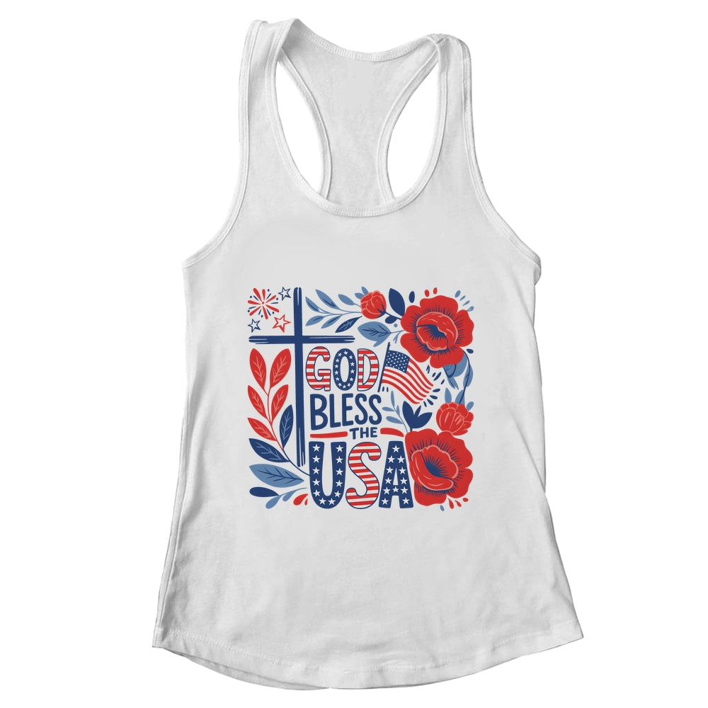 Retro Boho Floral God Bless The USA Christian 4th Of July Shirt & Tank Top | teecentury