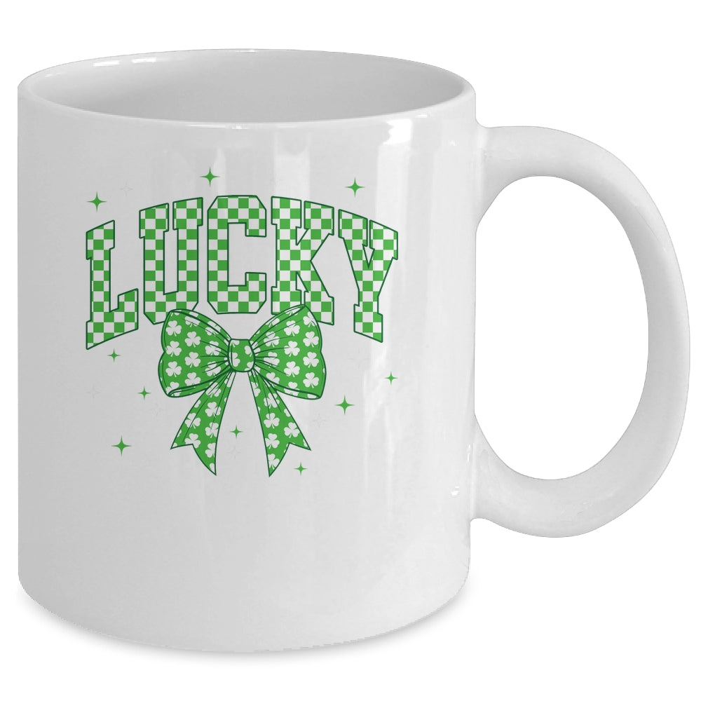 Retro Checkered Lucky St Patrick's Day Coquette Bow Girls Mug | teecentury