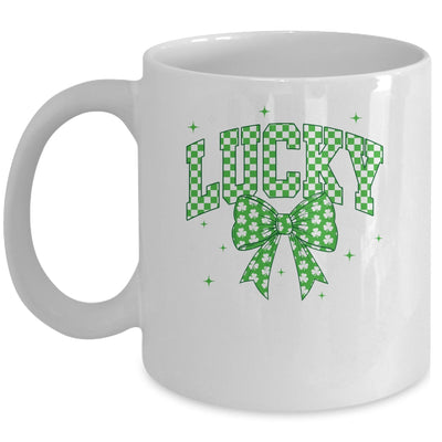 Retro Checkered Lucky St Patrick's Day Coquette Bow Girls Mug | teecentury