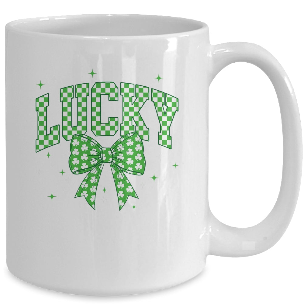 Retro Checkered Lucky St Patrick's Day Coquette Bow Girls Mug | teecentury