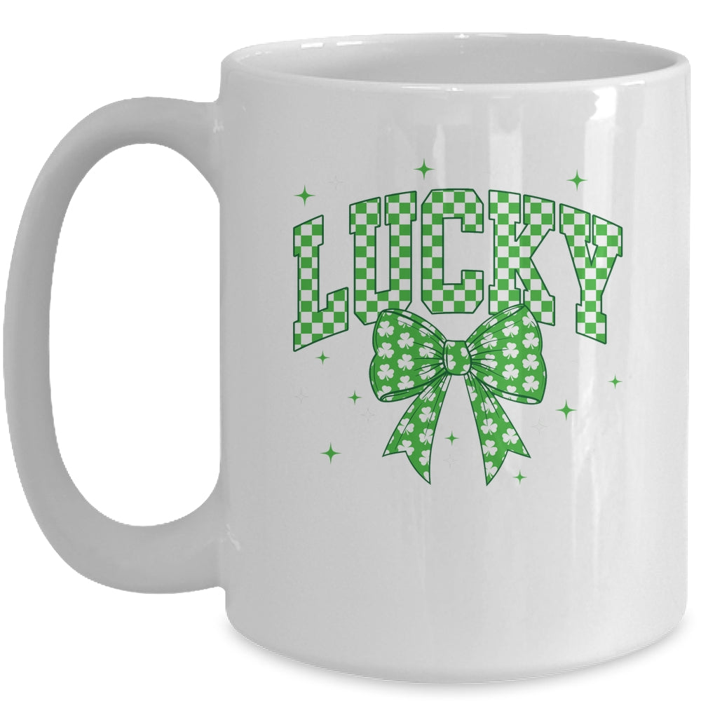 Retro Checkered Lucky St Patrick's Day Coquette Bow Girls Mug | teecentury