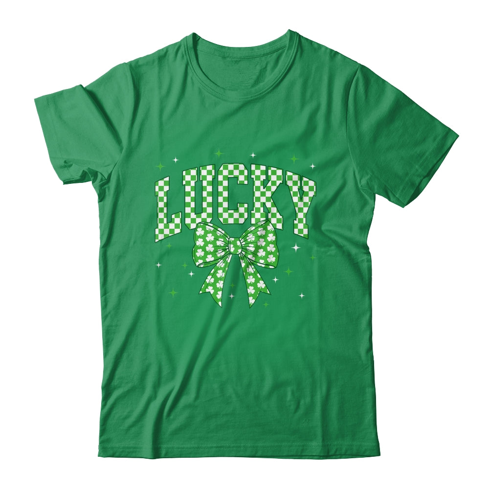 Retro Checkered Lucky St Patrick's Day Coquette Bow Girls Shirt & Sweatshirt | teecentury