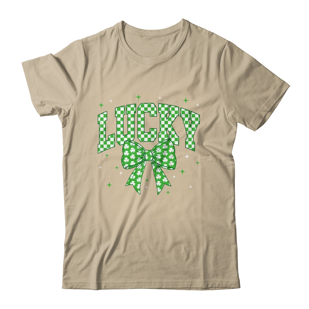 Retro Checkered Lucky St Patrick's Day Coquette Bow Girls Shirt & Sweatshirt | teecentury