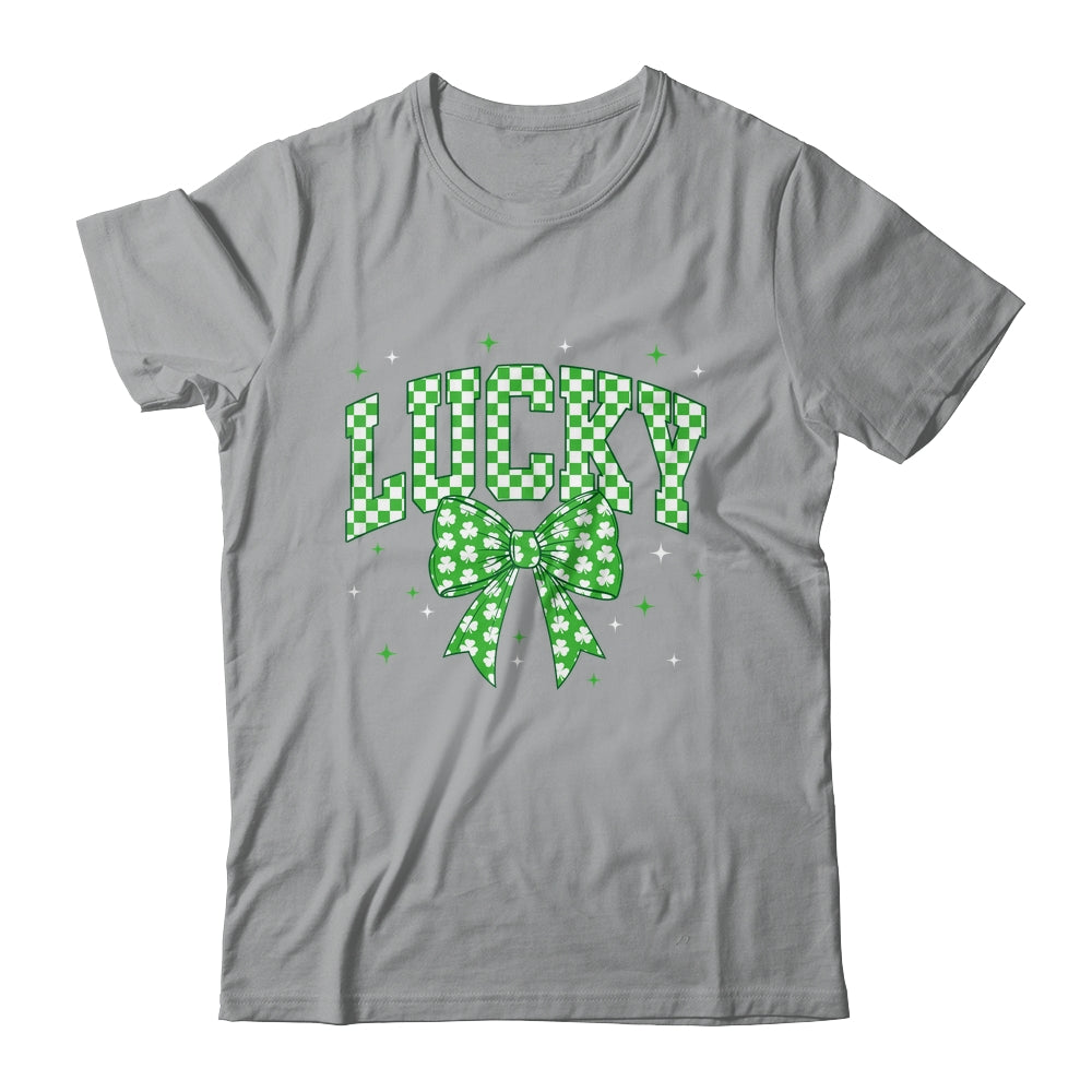 Retro Checkered Lucky St Patrick's Day Coquette Bow Girls Shirt & Sweatshirt | teecentury