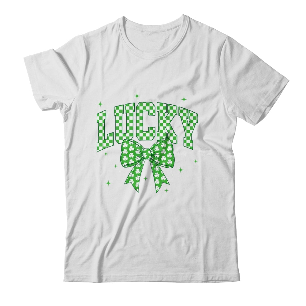 Retro Checkered Lucky St Patrick's Day Coquette Bow Girls Shirt & Sweatshirt | teecentury
