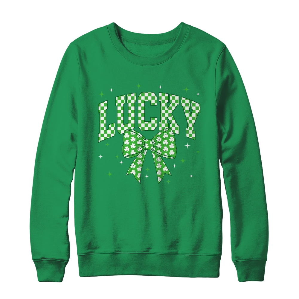 Retro Checkered Lucky St Patrick's Day Coquette Bow Girls Shirt & Sweatshirt | teecentury