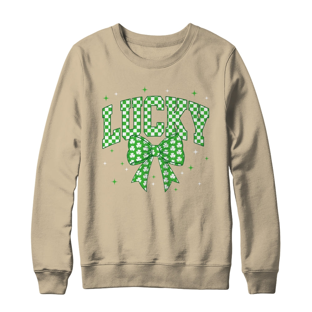 Retro Checkered Lucky St Patrick's Day Coquette Bow Girls Shirt & Sweatshirt | teecentury