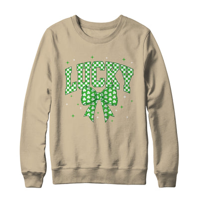 Retro Checkered Lucky St Patrick's Day Coquette Bow Girls Shirt & Sweatshirt | teecentury