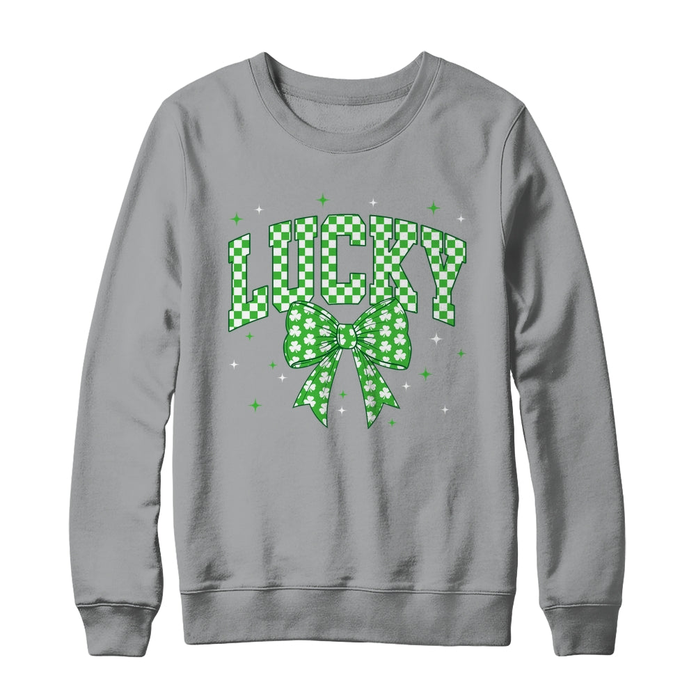 Retro Checkered Lucky St Patrick's Day Coquette Bow Girls Shirt & Sweatshirt | teecentury