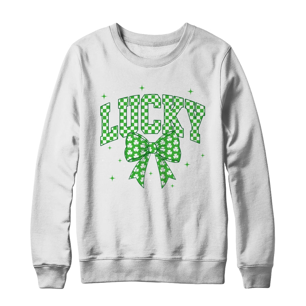 Retro Checkered Lucky St Patrick's Day Coquette Bow Girls Shirt & Sweatshirt | teecentury