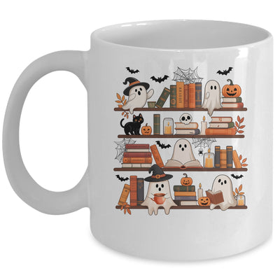Retro Ghosts Reading Book Halloween Bookshelf Spooky Library Mug | teecentury