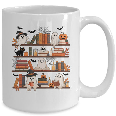 Retro Ghosts Reading Book Halloween Bookshelf Spooky Library Mug | teecentury