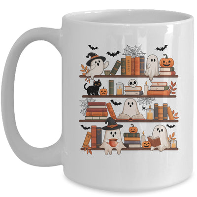 Retro Ghosts Reading Book Halloween Bookshelf Spooky Library Mug | teecentury