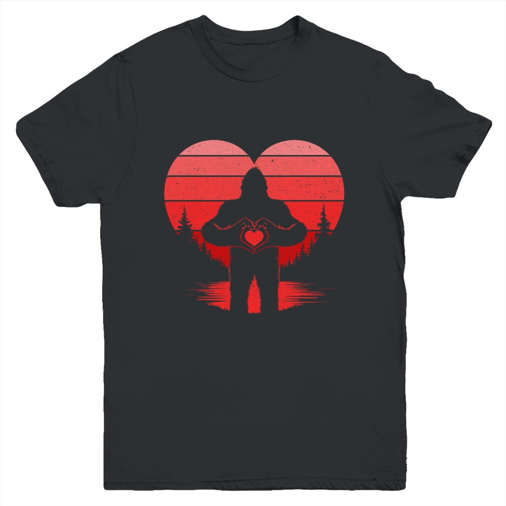 Retro Valentines Day Bigfoot Sasquatch Heart Boy Kids Funny Youth Shirt | teecentury
