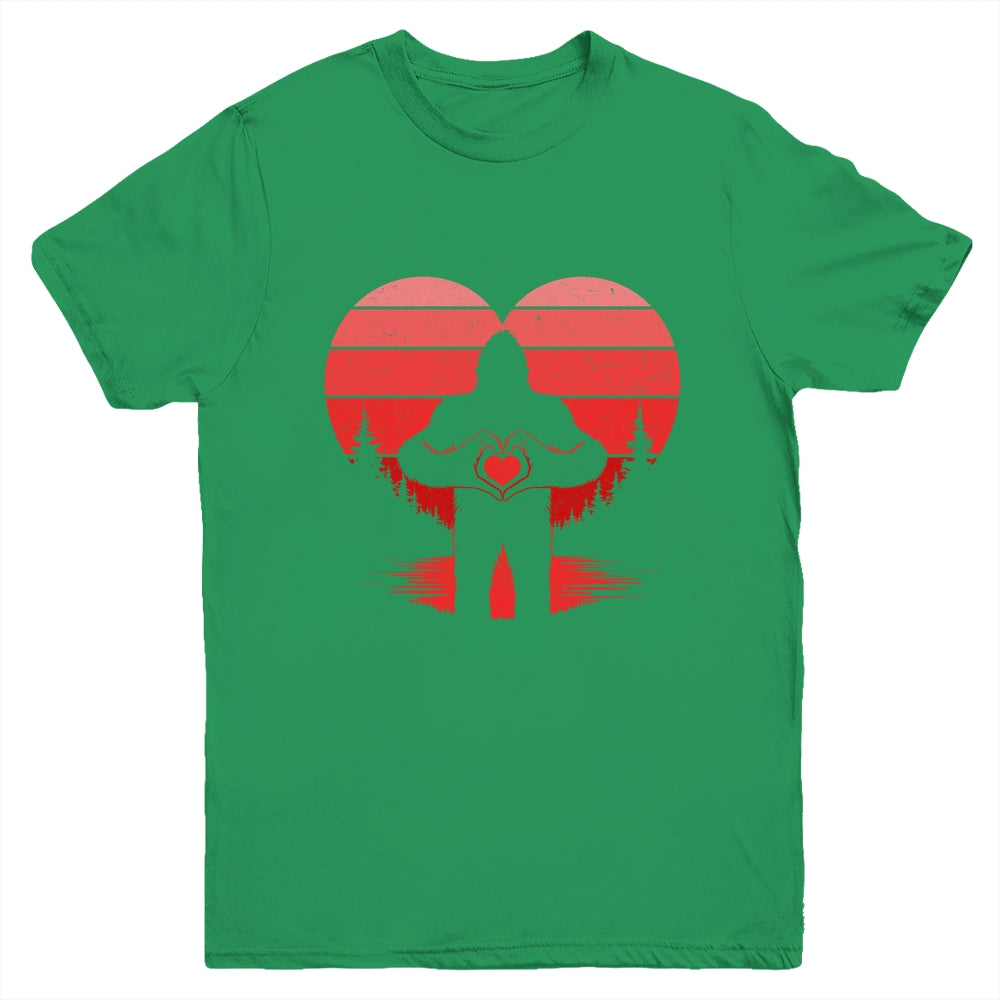 Retro Valentines Day Bigfoot Sasquatch Heart Boy Kids Funny Youth Shirt | teecentury