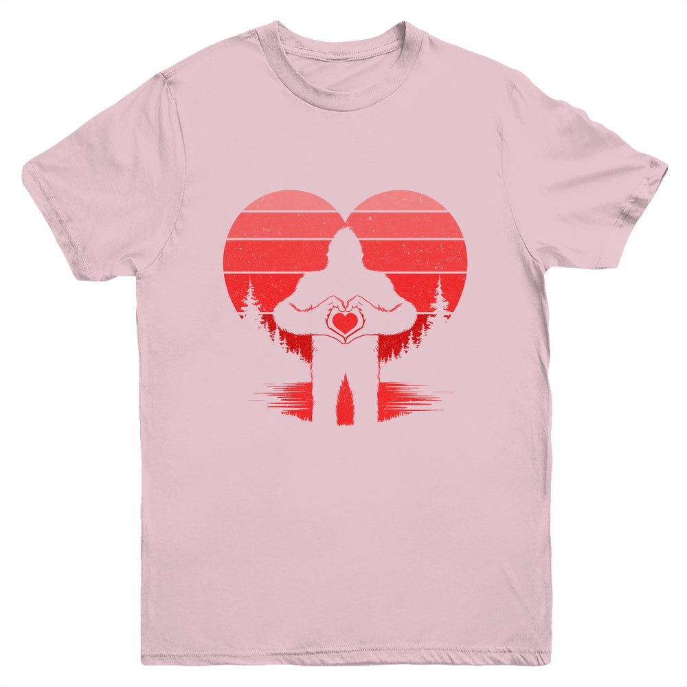 Retro Valentines Day Bigfoot Sasquatch Heart Boy Kids Funny Youth Shirt | teecentury