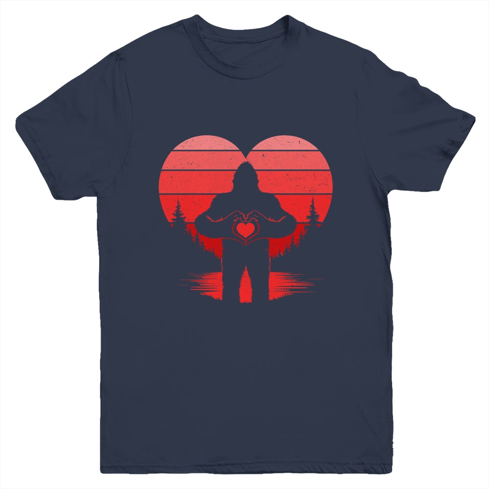 Retro Valentines Day Bigfoot Sasquatch Heart Boy Kids Funny Youth Shirt | teecentury
