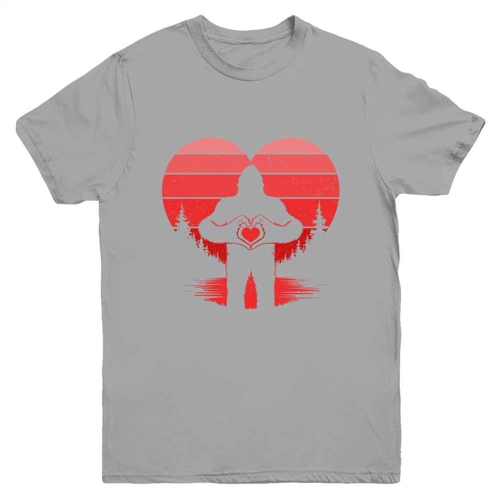 Retro Valentines Day Bigfoot Sasquatch Heart Boy Kids Funny Youth Shirt | teecentury