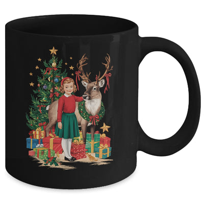 Retro Vintage Christmas 1950 1960 Girl Reindeer Xmas Tree Mug | teecentury
