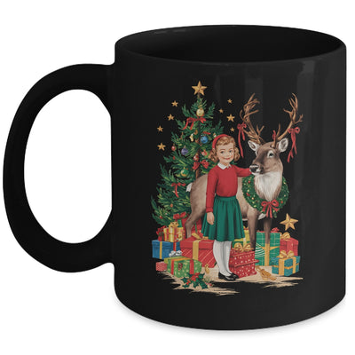 Retro Vintage Christmas 1950 1960 Girl Reindeer Xmas Tree Mug | teecentury